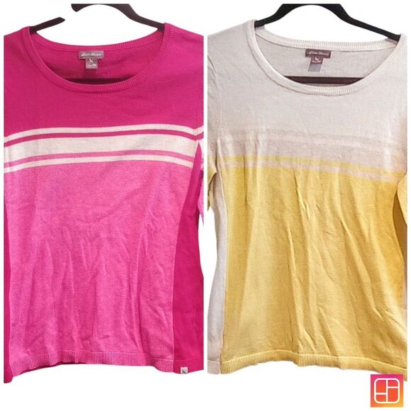 Eddie Bauer Sweater Lot Of 2 Lightweight Stripe Pink Yellow Size Petite Medium - Picture 1 of 10